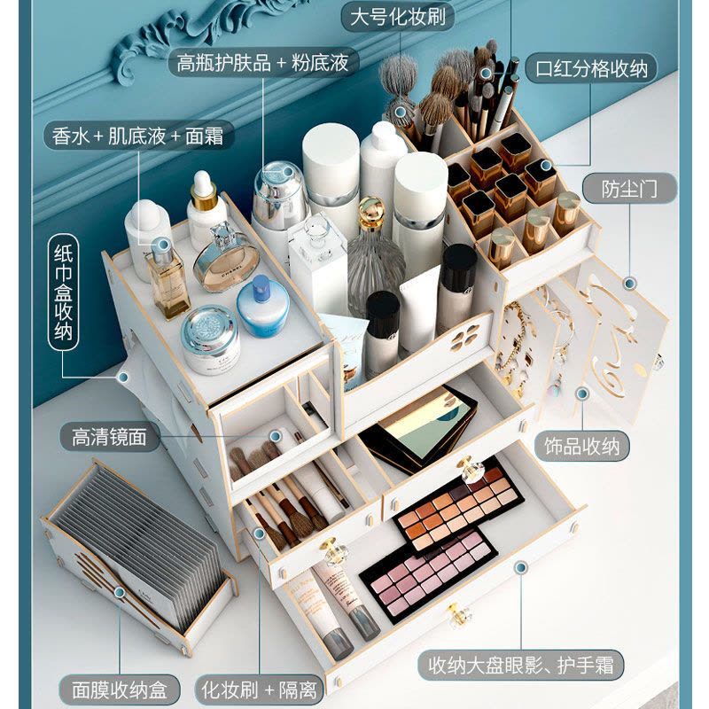 木制桌面化妆品收纳盒抽屉式带镜子少女心宿舍家用可爱彩妆置物架 大四抽-水粉图片