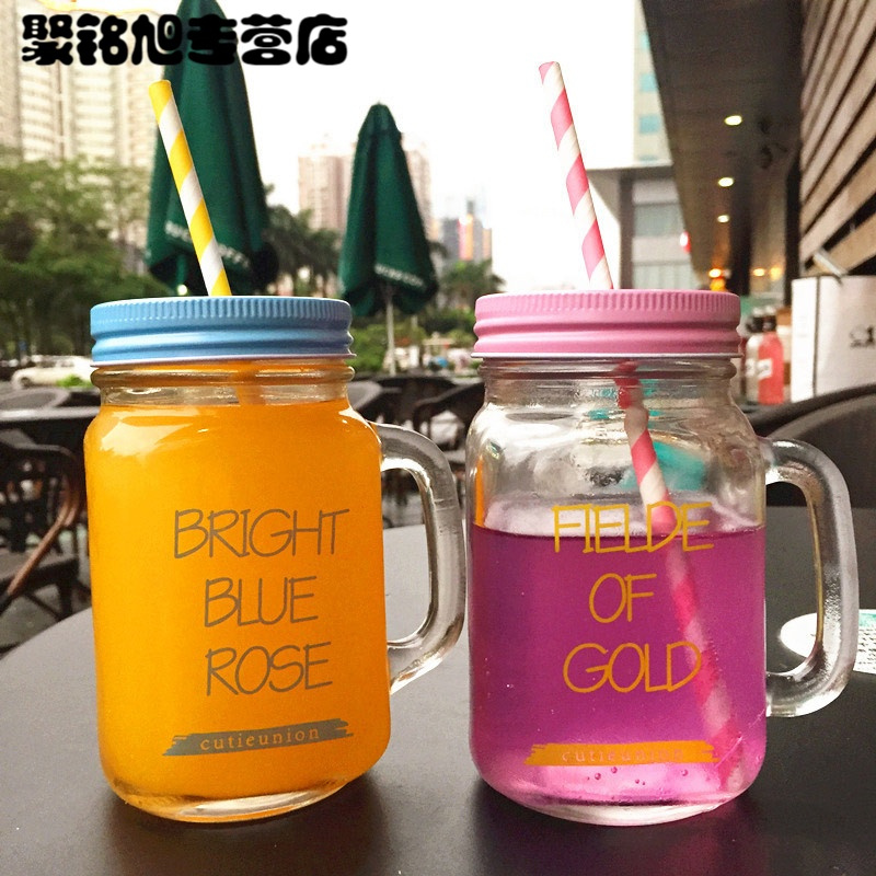 创意吸管梅森杯个性情侣彩色柠檬果汁饮料玻璃水杯带盖公鸡杯水杯水具梅森杯罐家居生活日用器皿水具水杯