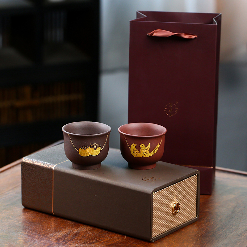萬春和 好柿成双 宜兴紫砂茶杯双色紫砂对杯情侣杯主人杯90ml