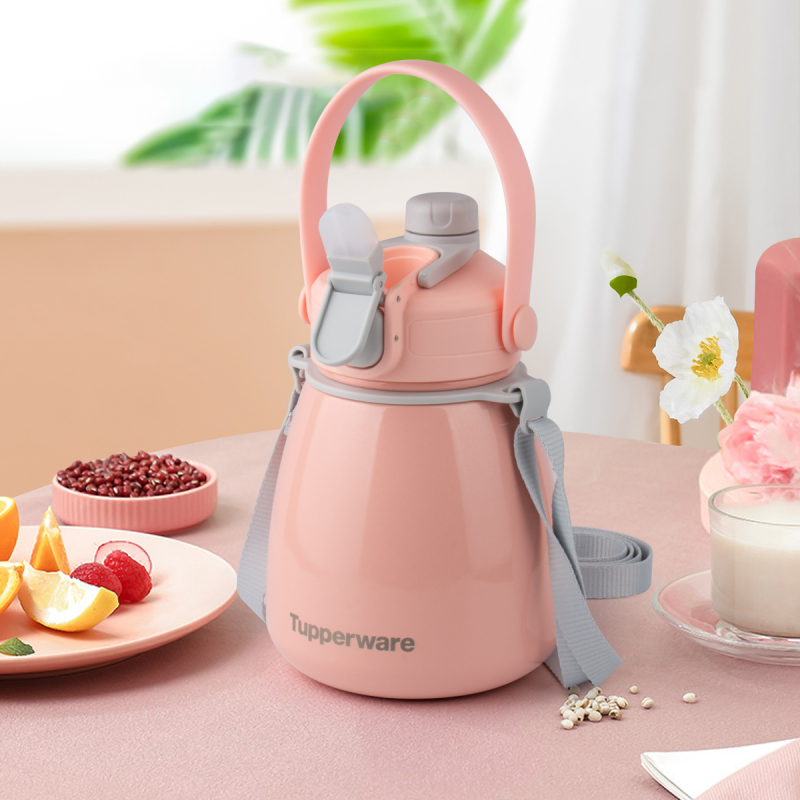 特百惠tupperware胖肚肚保温杯1l大肚杯高颜值可爱大容量带背带可斜挎