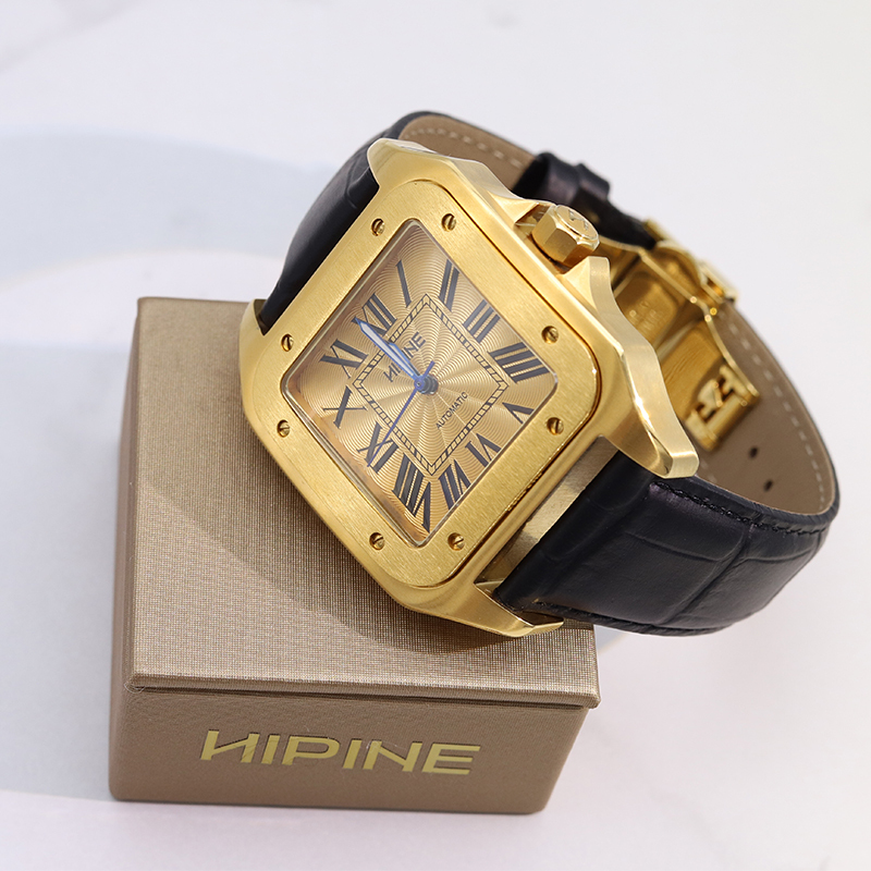 西普尼金表男纯金气质奢华进口机芯防水石英表四方形黄金表壳蝴蝶双