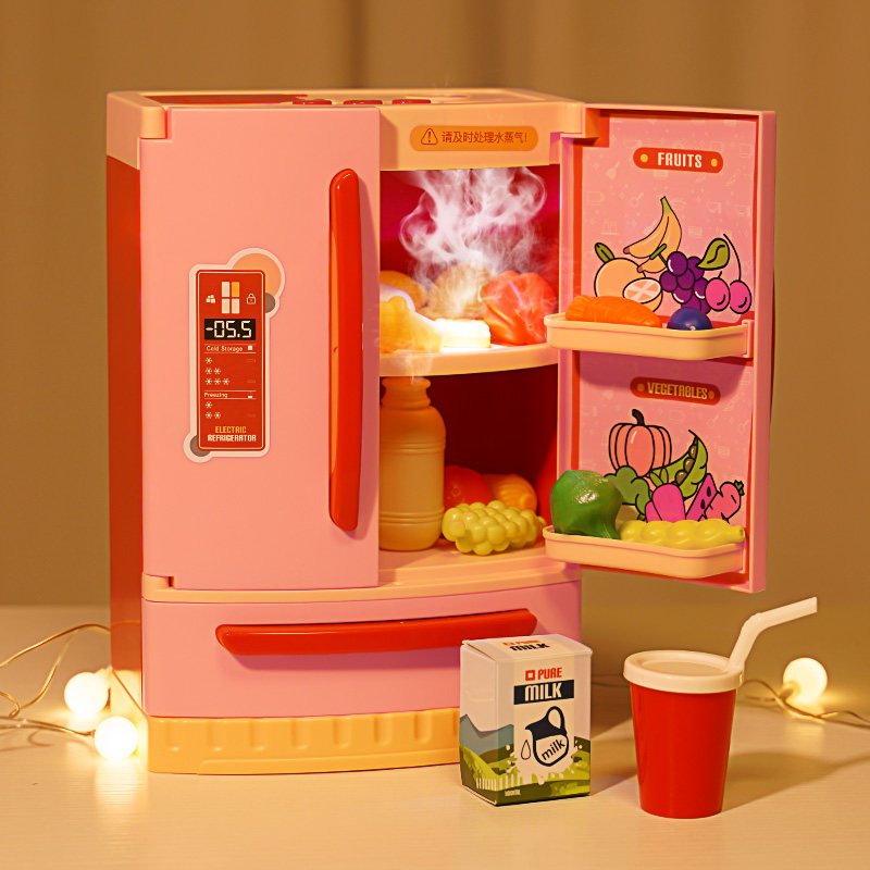 儿童迷你冰箱玩具女孩宝宝小伶过家家男孩仿真喷雾厨具套装组合珊瑚红