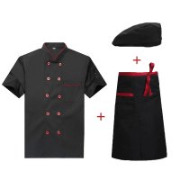 易美丽诺 LCF0702 夏季厨师服套装饭店厨房食堂短袖工作服 黑色红边短袖+围裙+帽子 XL