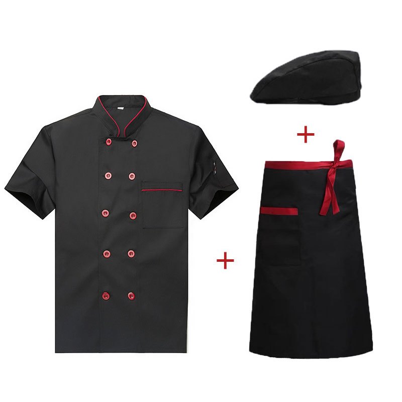 易美丽诺 LCF0702 夏季厨师服套装饭店厨房食堂短袖工作服 黑色红边短袖+围裙+帽子 XL