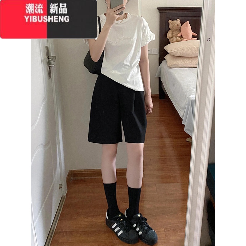 YIBUSHENG梨形身材黑色西装短裤女季胖妹妹mm高腰宽松显瘦阔腿五分休闲裤高清大图
