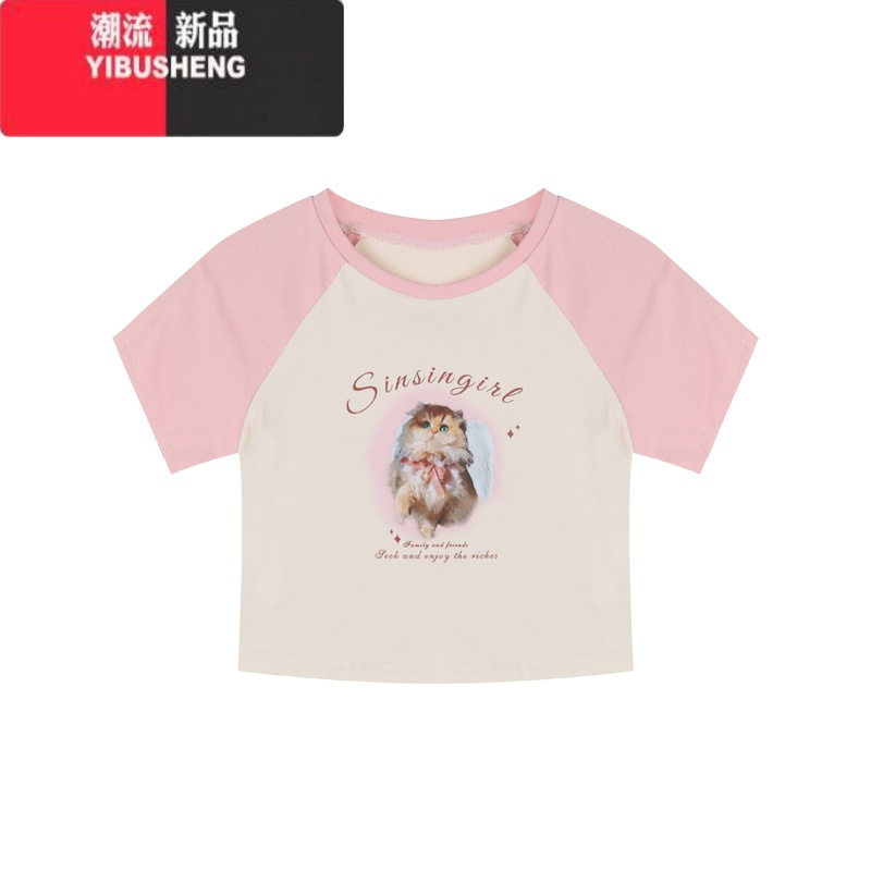 YIBUSHENG甜美可爱猫咪印花撞色露脐短袖T恤女季修身打底短款露脐上衣ins