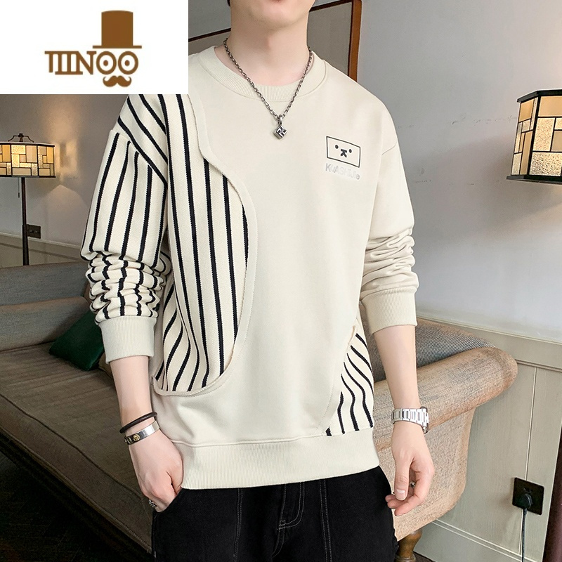 YANXU条纹卫衣男士2023新款潮牌圆领内搭上衣服潮流长袖t恤男装