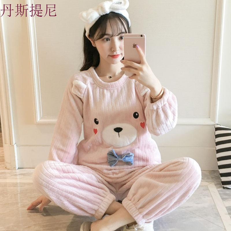 睡衣女秋冬季珊瑚绒加厚韩版清新甜美可爱学生法兰绒家居服女套装
