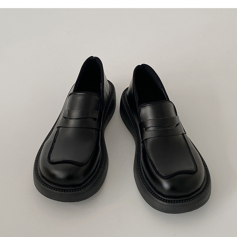 黑色日系圆头小皮鞋女2023新款春秋复古百搭厚底乐福鞋法式单鞋