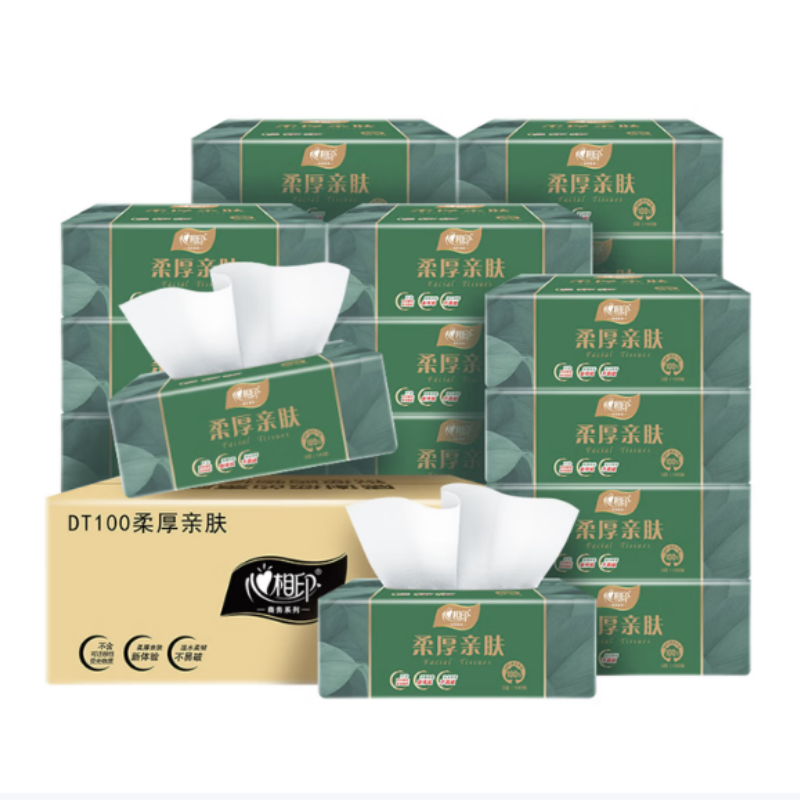心相印柔厚亲肤金装经典系列茶语系列3层抽纸 DT100(箱装)100抽18包