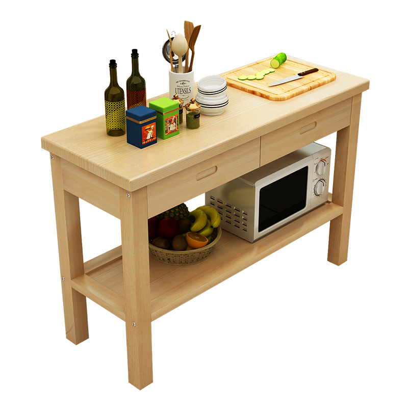 汐岩定制实木厨房切菜桌家用实木桌子带抽屉厨房作台小户型储物桌 80*45*80（原木清漆双抽屉）