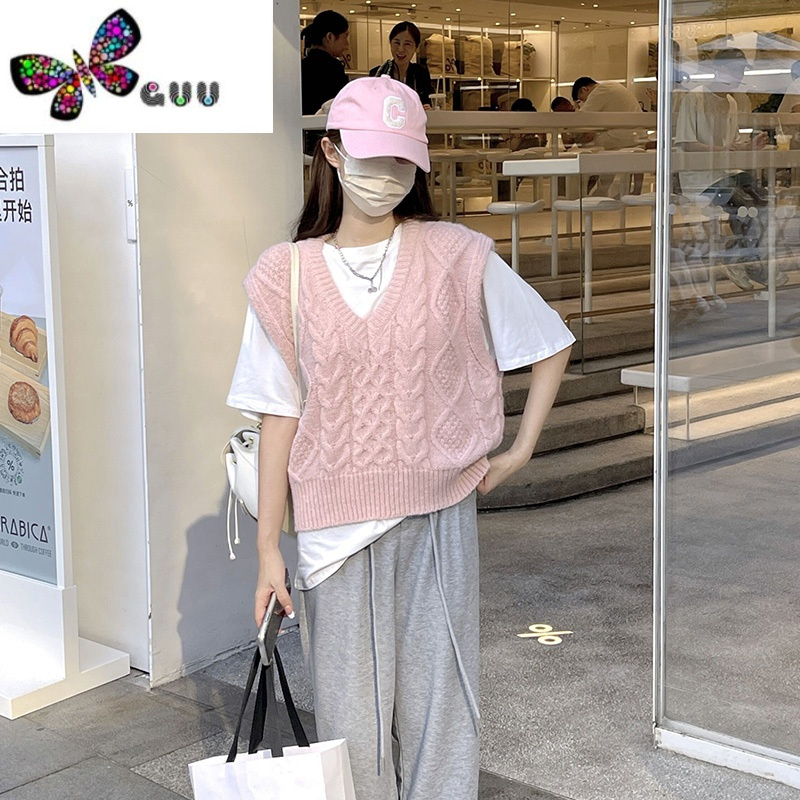 语娄麻花毛衣背心马甲女2023秋季韩版无袖宽松针织衫外搭马夹