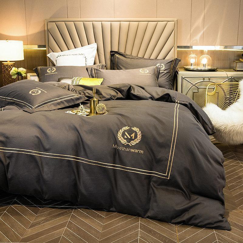 美帮汇色简约长绒棉款欧式四件套全棉床上用品全棉单双人被套床单 刺绣款(麦穗深灰) 1.8m床【长绒棉四件套不掉色不起球】-适用200x230被