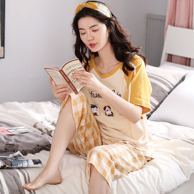 波迷娜bomina睡衣女夏纯棉短袖薄款韩版学生短裤夏季全棉服两件套装