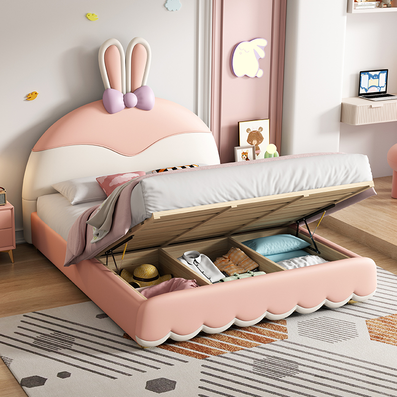 欧梵森儿童床女孩公主床卡通萌趣兔兔软包床现代简约卧室真皮床储物实木单双人床高清大图