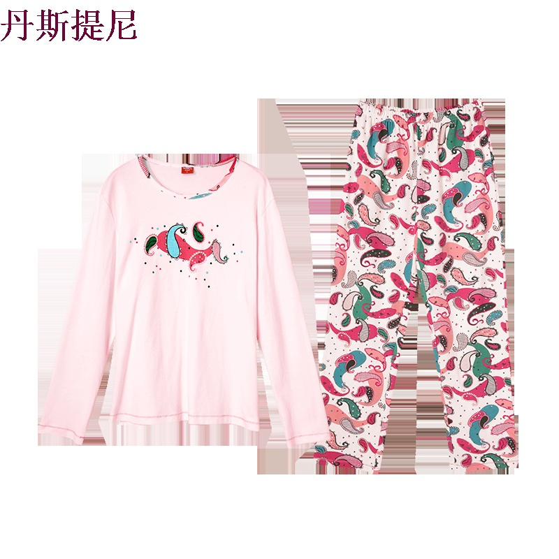 睡衣女秋纯棉长袖印花全棉休闲秋天女人休闲家居服两件套装