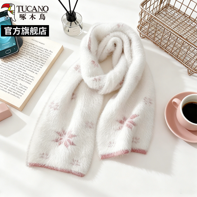 啄木鸟2025新款蓝色雪花围巾女秋冬季保暖百搭氛围感毛绒学生围季高清大图