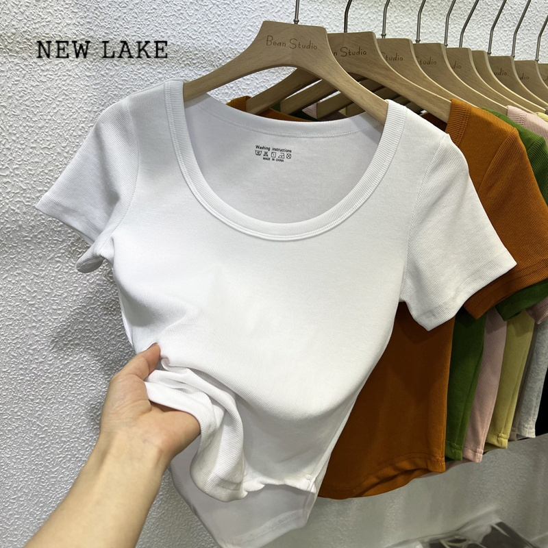 NEW LAKE欧货纯色百搭大圆领短袖T恤女2024夏修身显瘦正肩露锁骨短款上衣