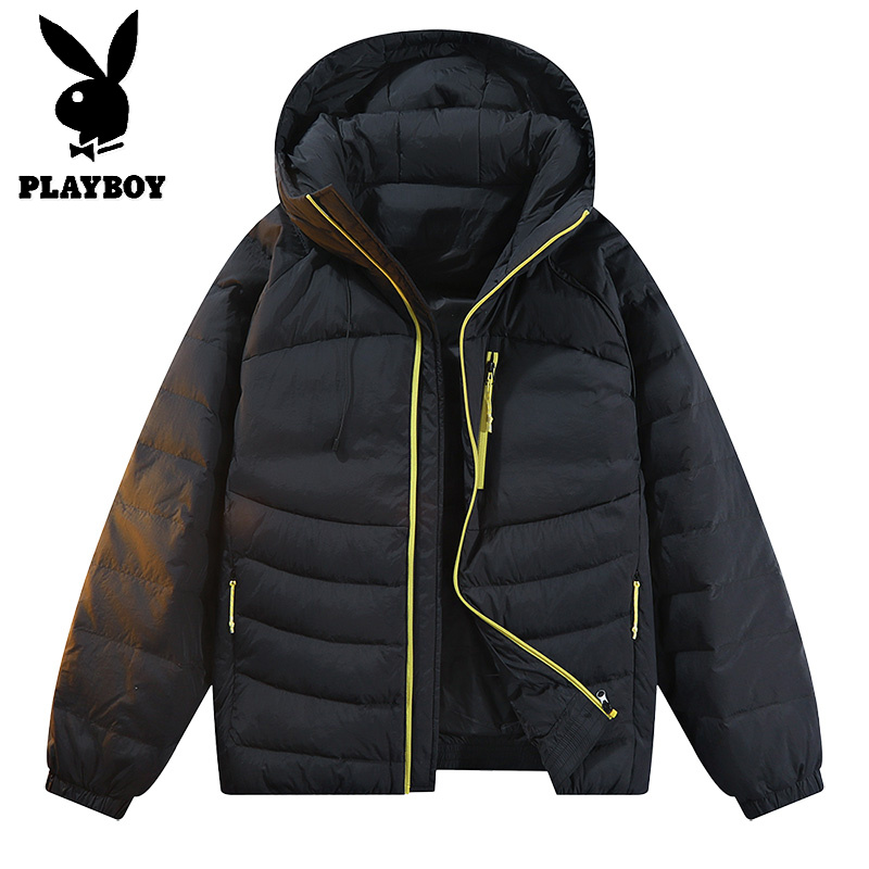 花花公子新款90羽绒有质检连帽排骨羽绒服撞色男式厚外套 曜石黑 L