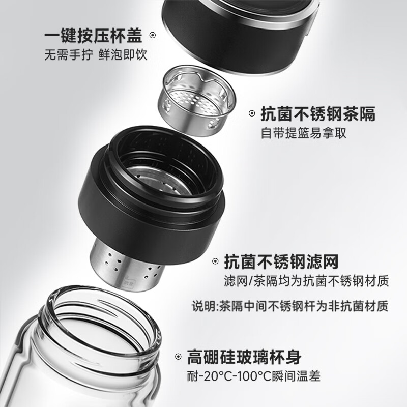 苏泊尔一指秒开茶水分离玻璃杯350ML.行砚黑/KCG35BU10//24/O高清大图