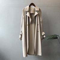 垂感风衣炸街外套女2021新款薄款高档洋气中长款大码宽松小个子潮 杏色 宽松版型 XS 115斤以内