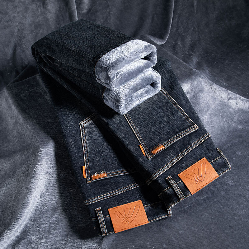 品质热力绒保暖男士牛仔裤加绒加厚弹力修身一体绒中年商务休闲裤高清大图