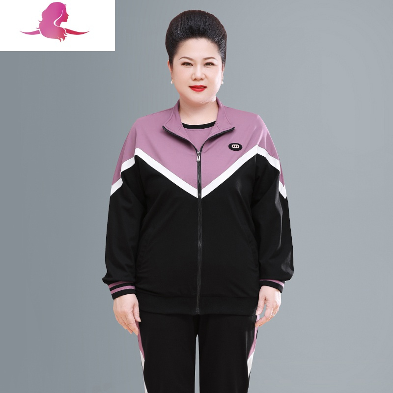 艳如飞胖妈妈秋装外套休闲中老年运动服套装女加肥加大码200斤宽松两件妈妈装