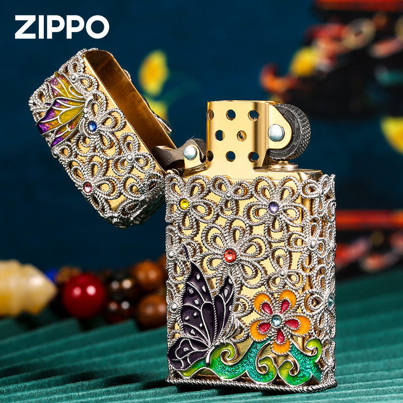 [苏宁自营]火机芝宝纯银花丝珐琅彩防风女生纤巧蝴蝶煤油zippo