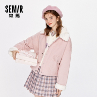 Semir森马秋季新款甜美夹克温柔淑女可拆毛领时尚ins短棉服女