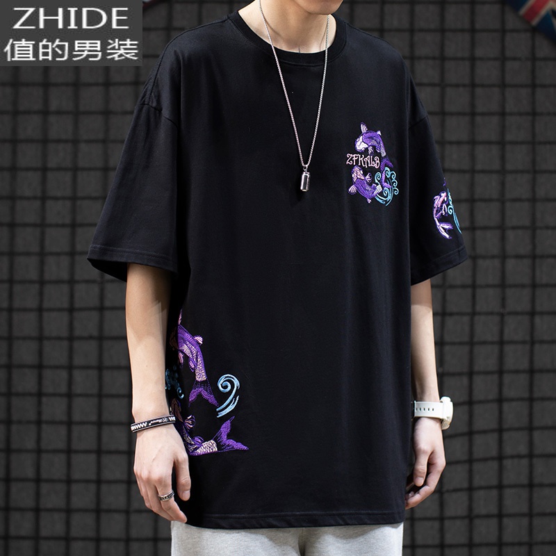 SUNTEKhiphop国潮中国风锦鲤刺绣棉体恤衫潮牌情侣宽松圆领短袖T恤男T恤高清大图