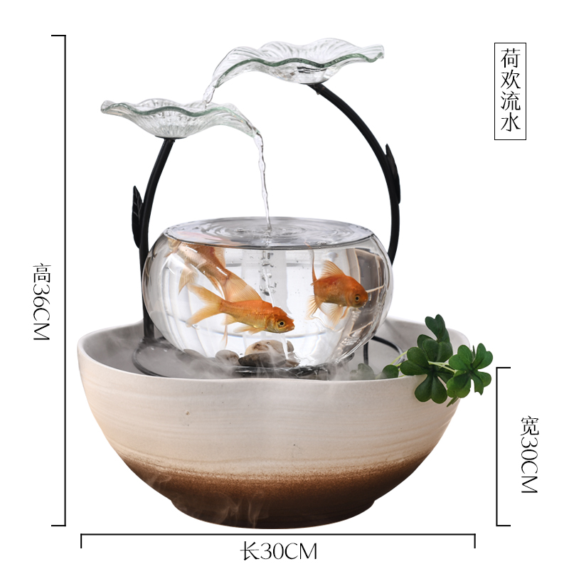 陶瓷流水喷泉摆件创意桌面摆设家居办公室卧室客厅加湿装饰品收纳袋 三维工匠 花香鸟语_135