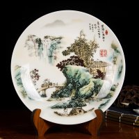 景德镇陶瓷器摆件家居装饰品中式客厅酒柜博古架山水画摆盘工艺品 三维工匠 碧涧生潮+木支架