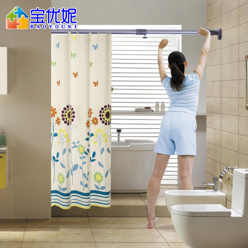 宝优妮 浴室窗帘杆套装免打孔淋浴房横杆卫生间晾衣架伸缩杆浴帘杆1个装送浴帘布 DQ0210 冷灰色高清大图