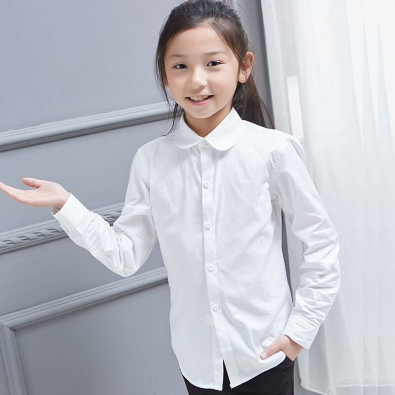 迪鲁奥diluao女童白衬衫长袖纯棉中小学生校服白色衬衣女孩演出服纯白