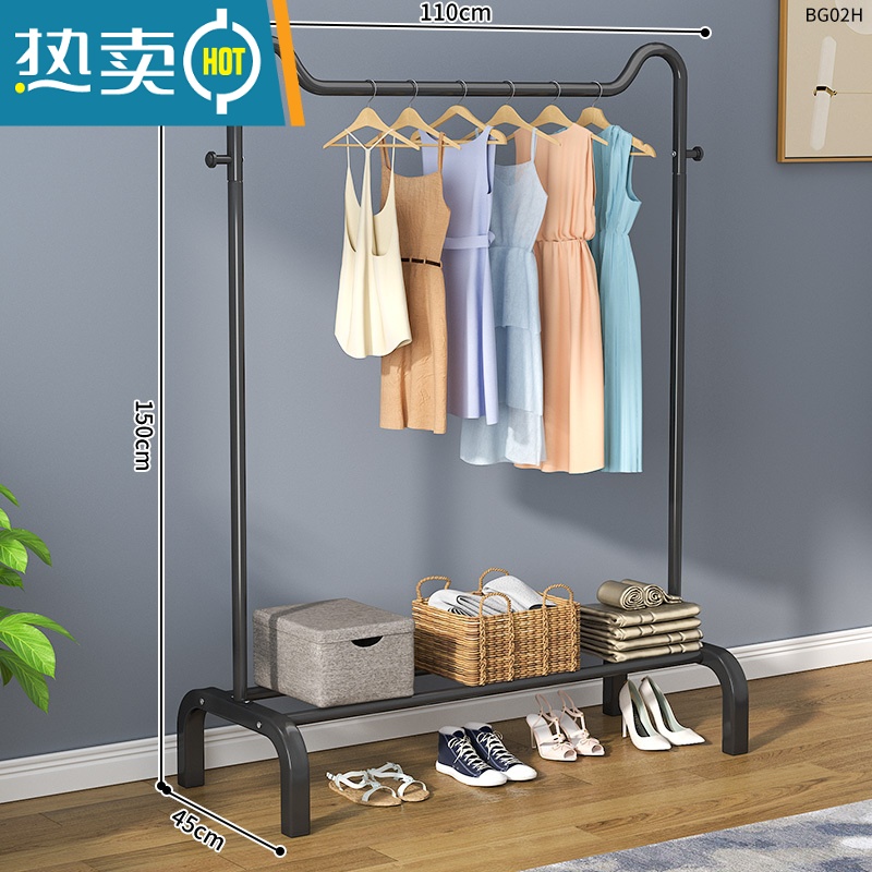 敬平衣架落地立式挂衣架卧室晾衣架家用简易单杆衣帽架衣架杆衣服挂架 110cm猫耳尊贵黑【双挂钩+置物架】