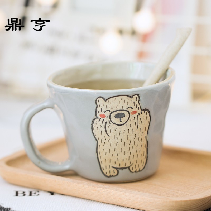 鼎亨日式文艺陶瓷杯子创意北极熊粗陶咖啡杯马克杯带勺卡通杯