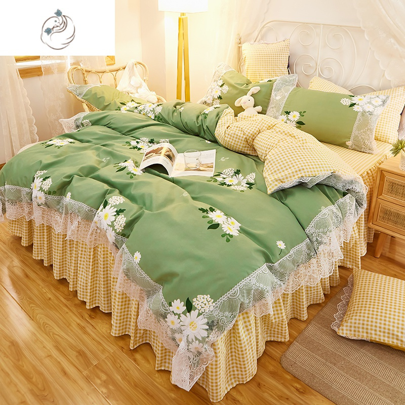 田园风蕾丝床裙式四件套加带床罩床套款棉棉清新小花春夏简约舒适主义