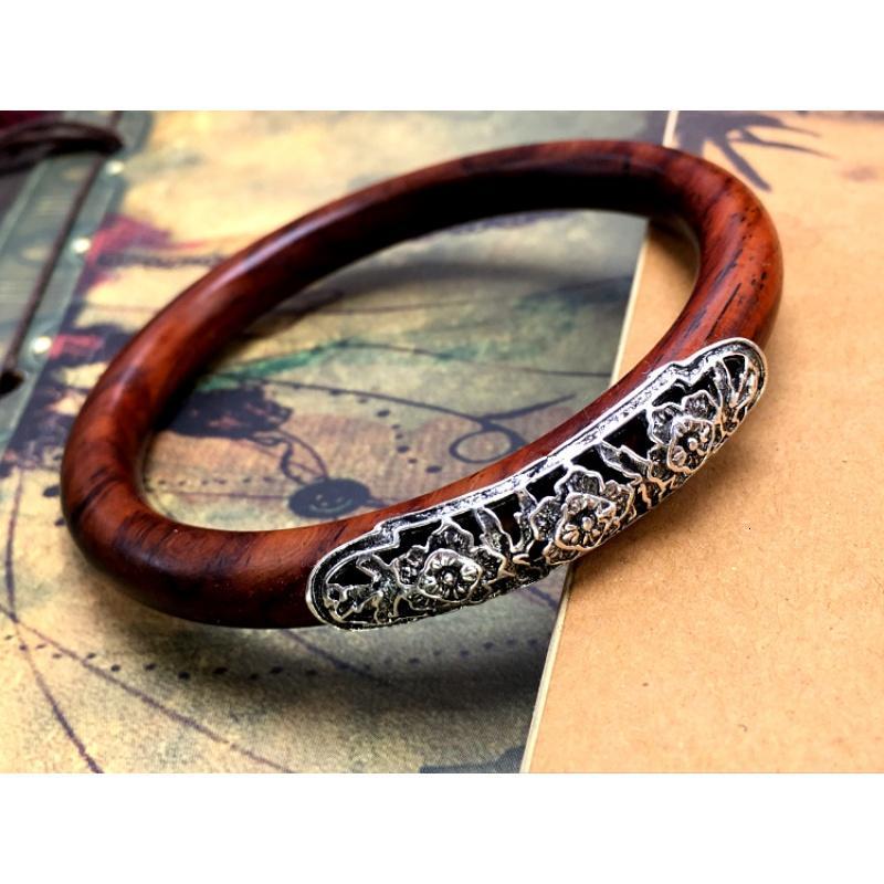 正宗血檀镶藏银银木手镯男女鸡血藤银饰镯子饰品手工民族风diy送女