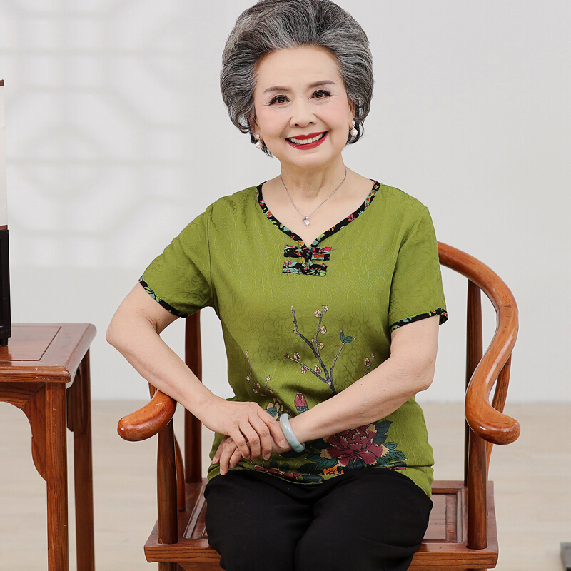 老年人夏装女妈妈装短袖大红上衣60岁70老人衣服奶奶婚庆棉套装