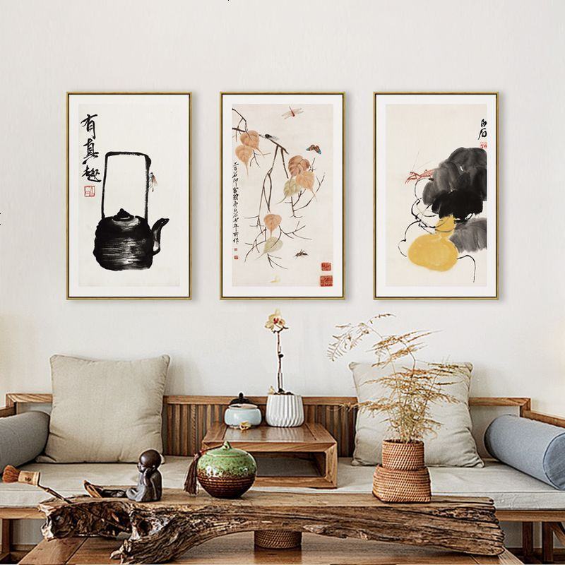 齐白石水墨国画螃蟹茶壶小品三联装饰画书房背景墙画茶室禅意挂画