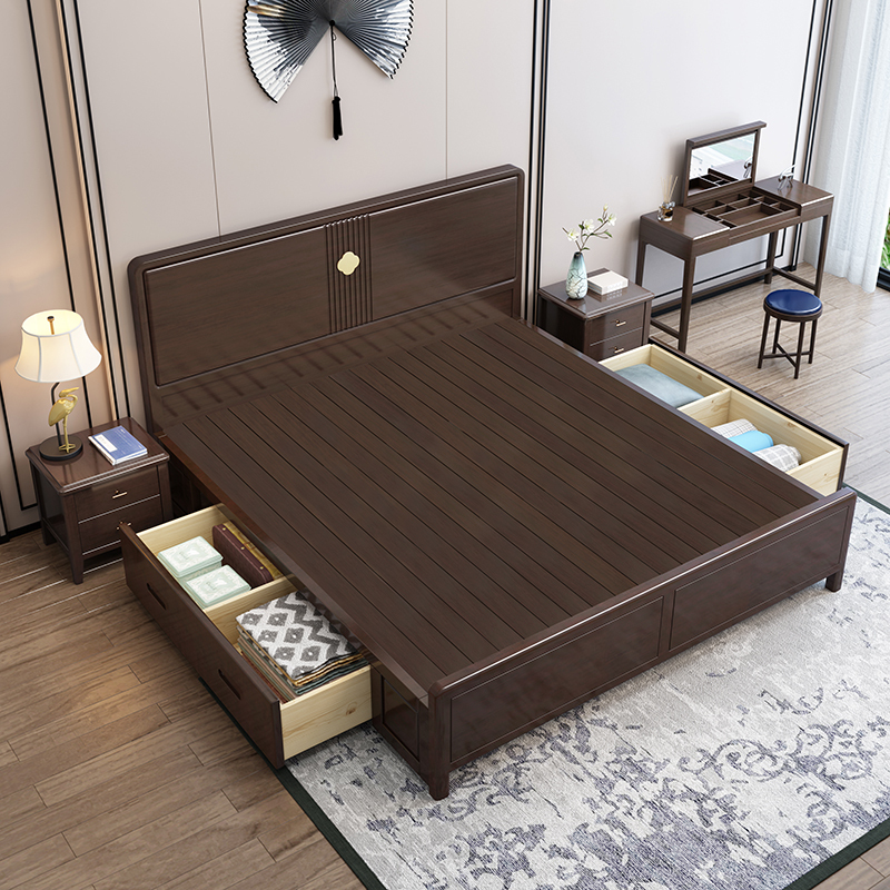 青木川新中式实木床双人床主卧床架单人床卧室家具婚床床简约现代15米