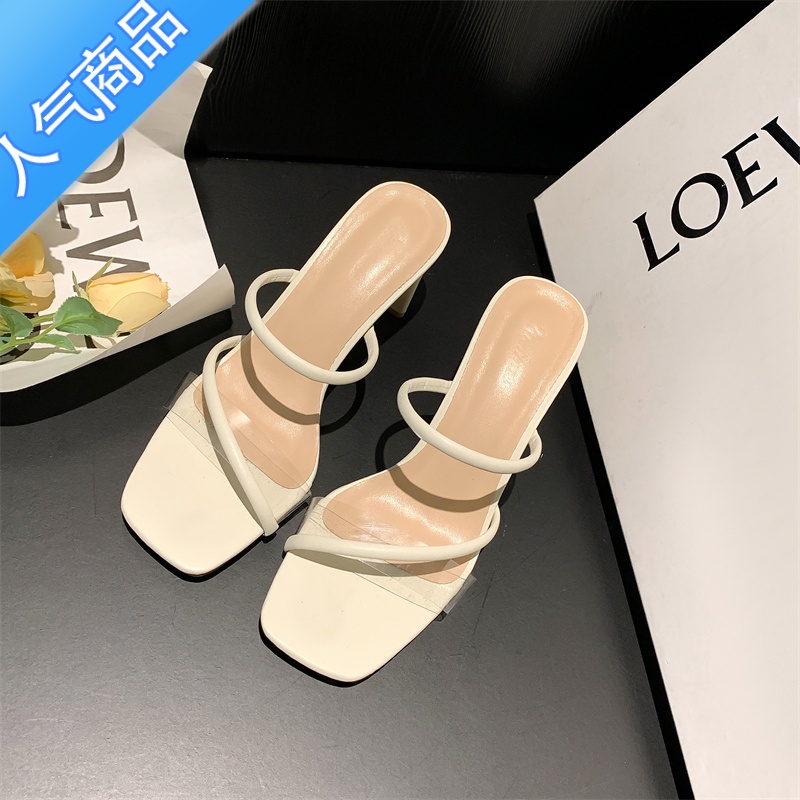 SUNTEK敲好看~白色透明凉鞋女夏粗跟方头露趾细带气质高跟凉拖鞋女外穿高清大图