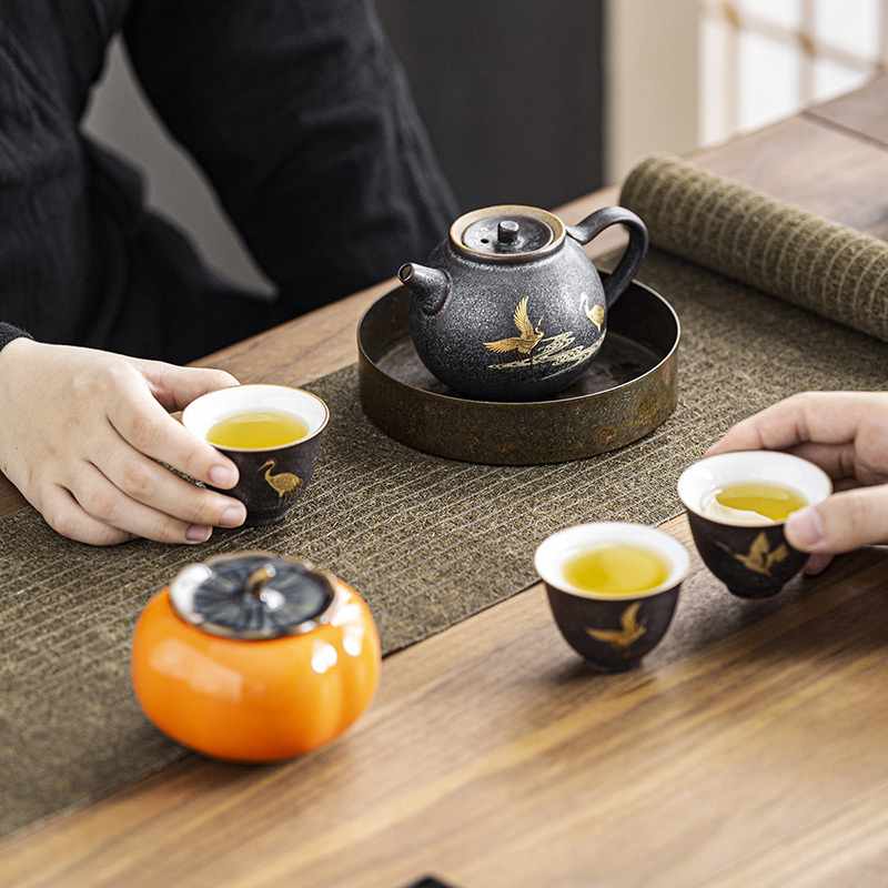 領藝 优选鸿运茶具套装家用小套中式茶礼陶瓷功夫泡茶器送礼定制 鸿运当头(金鹤)1壶3杯1罐礼盒装
