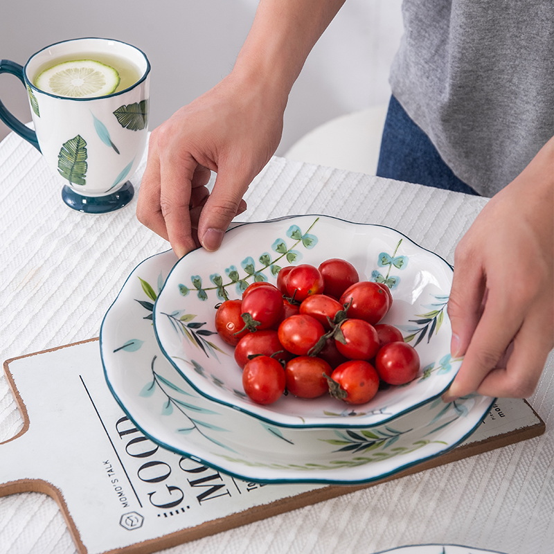 凌天 景德镇北欧绿荫小清新陶瓷四人食餐具家用套装餐盘菜盘汤盘泡面碗马克杯碗盘套装高清大图