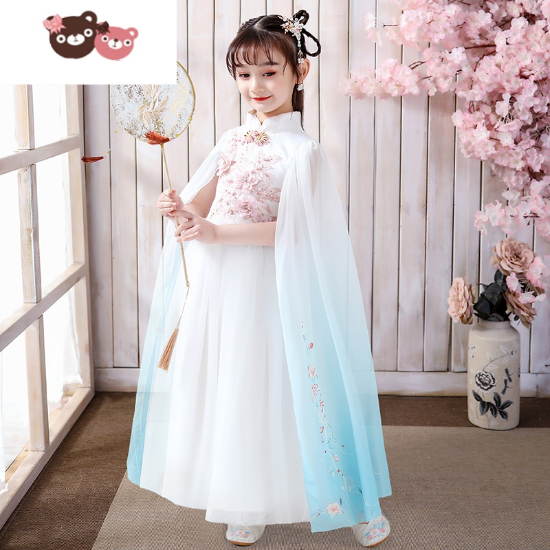 绿彩虹光公主裙女童洋气蓬蓬纱超仙小女孩连衣裙春秋古装儿童裙子汉服