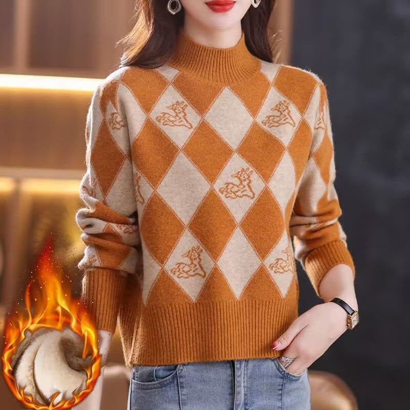 加绒加厚秋冬新款短款毛衣女小个子时尚菱格提花宽松针织打底上衣图片