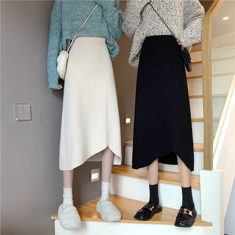 述雅半身裙春秋女新款高腰显瘦不规则a字中长裙纯色百搭针织裙子韩版图片