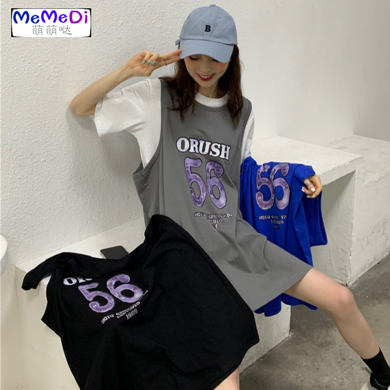 复古印花宽松无袖打底衫上女装中长款下半身失踪打底衫背心T恤