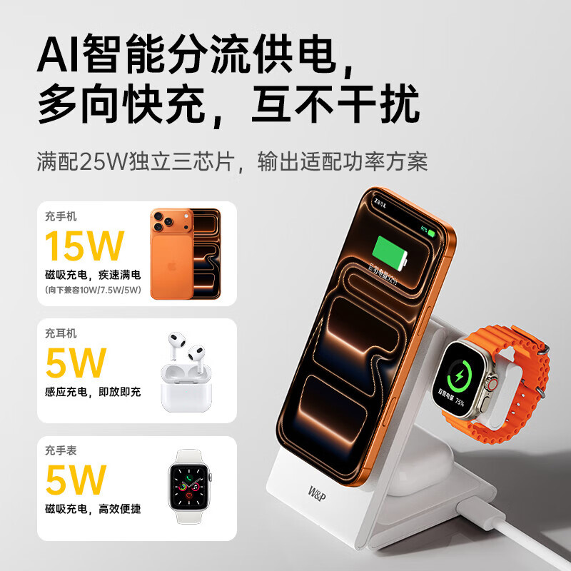 W&P无线充电器三合一磁吸折叠智能控温便携M15(颜色随机)高清大图