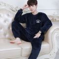 男士睡衣冬季可外穿法兰绒加绒加厚冬天睡衣男款珊瑚绒家居服套装 L建议【100-120斤】 藏青色绣皇冠长绒【套头】